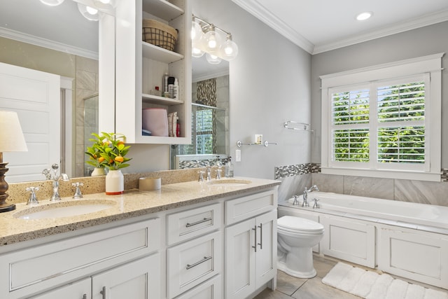 3528 Morning Dew Cv, Apison, TN 37302 - full bath featuring double vanity, a shower stall, a bath, and crown molding