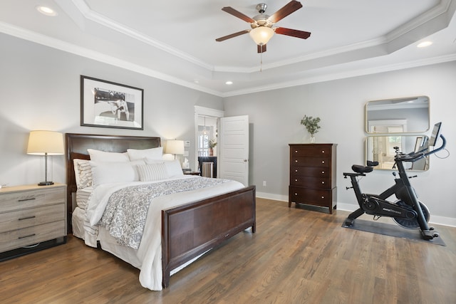 3528 Morning Dew Cv, Apison, TN 37302 - bedroom featuring a raised ceiling, recessed lighting, dark wood-type flooring, ornamental molding, and a ceiling fan