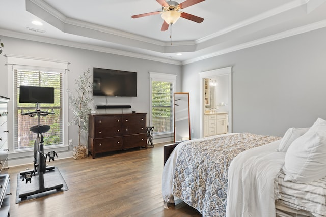 3528 Morning Dew Cv, Apison, TN 37302 - bedroom with a tray ceiling, wood finished floors, recessed lighting, crown molding, and a ceiling fan