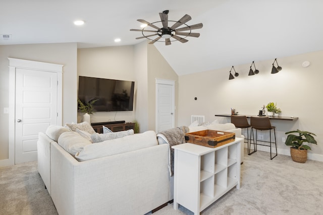 3528 Morning Dew Cv, Apison, TN 37302 - living room featuring light carpet, a ceiling fan, vaulted ceiling, and recessed lighting