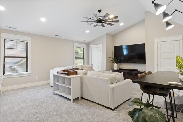 3528 Morning Dew Cv, Apison, TN 37302 - living room with vaulted ceiling, a ceiling fan, recessed lighting, and light colored carpet