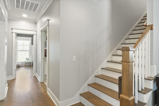 3528 Morning Dew Cv, Apison, TN 37302 - stairs with crown molding, wood finished floors, and recessed lighting