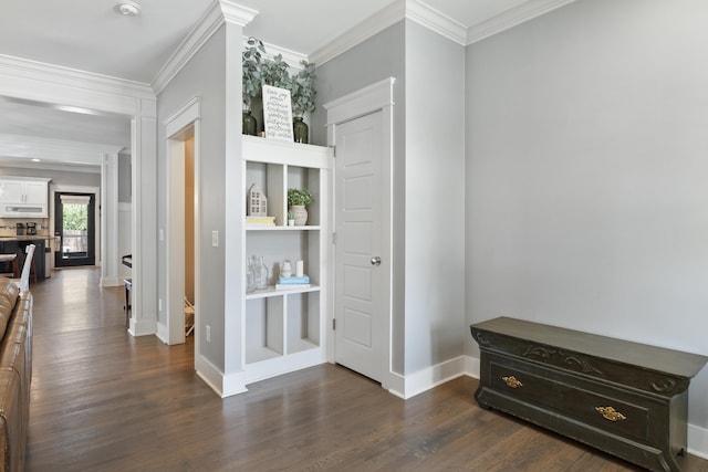 3528 Morning Dew Cv, Apison, TN 37302 - hallway featuring dark wood-style floors, ornamental molding, and built in shelves