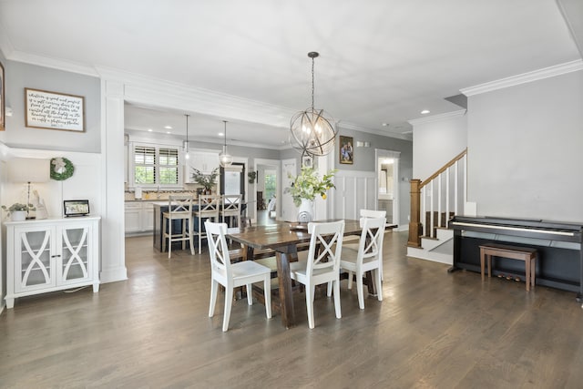 3528 Morning Dew Cv, Apison, TN 37302 - dining room with crown molding, dark wood-style floors, recessed lighting, stairs, and a chandelier