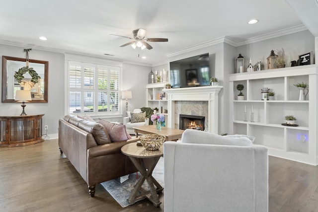 3528 Morning Dew Cv, Apison, TN 37302 - living room featuring a ceiling fan, a high end fireplace, wood finished floors, recessed lighting, and ornamental molding