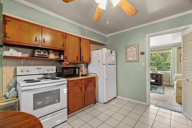 1339 Cloverdale Cir, Hixson, TN 37343 - kitchen featuring white appliances, open shelves, ornamental molding, brown cabinetry, and light countertops