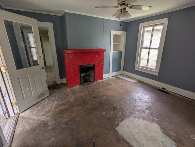 2307 E 35th St, Chattanooga, TN 37407 - unfurnished living room with crown molding, a brick fireplace, and a ceiling fan
