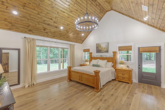 508 Chattanooga Rd, Cohutta, GA 30710 - bedroom featuring a chandelier, wood ceiling, high vaulted ceiling, and light wood finished floors