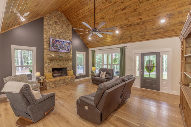 508 Chattanooga Rd, Cohutta, GA 30710 - living room with wood ceiling, ceiling fan, a fireplace, high vaulted ceiling, and light wood-style floors