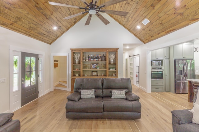 508 Chattanooga Rd, Cohutta, GA 30710 - living area featuring a barn door, high vaulted ceiling, light wood-style floors, a ceiling fan, and wooden ceiling