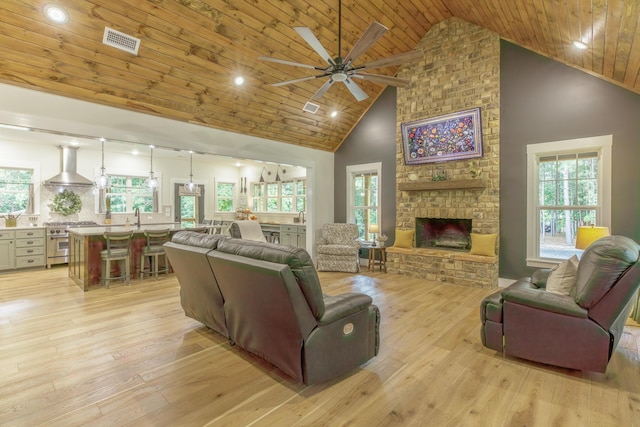 508 Chattanooga Rd, Cohutta, GA 30710 - living room with high vaulted ceiling, wooden ceiling, a ceiling fan, a fireplace, and light wood-style flooring