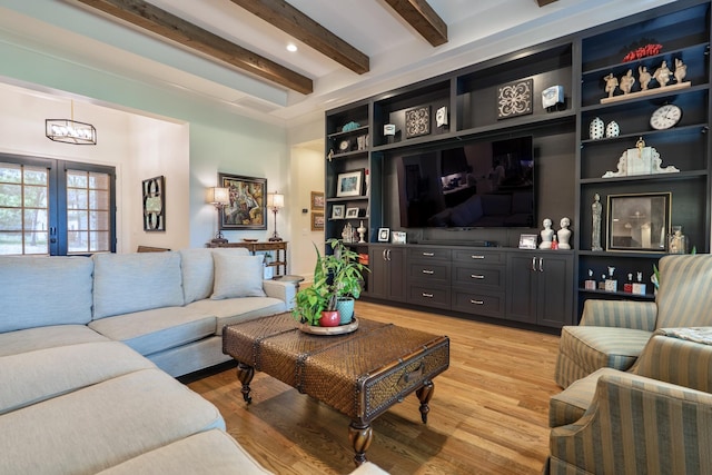 179 Rushing Water Trl, Rising Fawn, GA 30738 - living area with beam ceiling, light wood-style flooring, a chandelier, french doors, and built in features