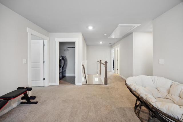 8517 Kensley Ln, Hixson, TN 37343 - living area with attic access, an upstairs landing, separate washer and dryer, carpet flooring, and recessed lighting