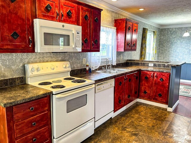 1467 Squire Fox Rd, Dandridge, TN 37725 - kitchen with white appliances, reddish brown cabinets, crown molding, wallpapered walls, and dark countertops