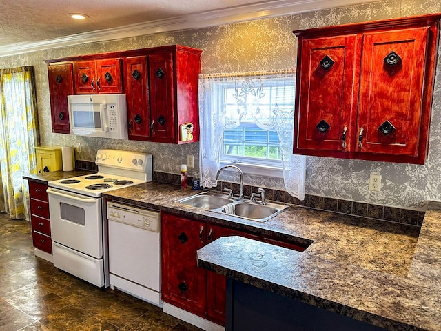 1467 Squire Fox Rd, Dandridge, TN 37725 - kitchen featuring white appliances, reddish brown cabinets, ornamental molding, dark countertops, and wallpapered walls