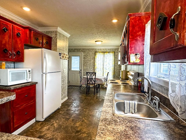 1467 Squire Fox Rd, Dandridge, TN 37725 - kitchen with white appliances, dark brown cabinets, crown molding, and a textured ceiling