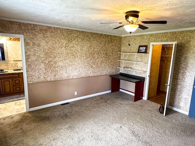 1467 Squire Fox Rd, Dandridge, TN 37725 - unfurnished bedroom with light colored carpet, ornamental molding, a wainscoted wall, a textured ceiling, and ceiling fan