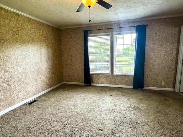 1467 Squire Fox Rd, Dandridge, TN 37725 - spare room featuring ornamental molding, a textured ceiling, carpet flooring, and a ceiling fan