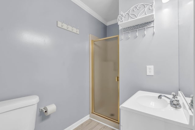 7414 Hamilton Run Dr, Chattanooga, TN 37421 - full bath with a stall shower, crown molding, vanity, and wood finished floors