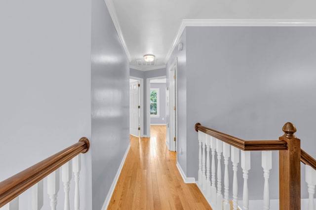 7414 Hamilton Run Dr, Chattanooga, TN 37421 - hallway with an upstairs landing, light wood-style floors, and crown molding