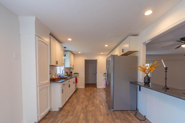 136 Cochran Dr NE, Dalton, GA 30721 - kitchen featuring freestanding refrigerator, white cabinets, wood finished floors, a ceiling fan, and recessed lighting
