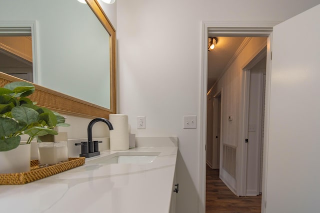 136 Cochran Dr NE, Dalton, GA 30721 - bathroom with vanity, wood finished floors, and ornamental molding