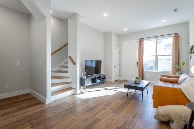 1621 Fagan St Unit 109, Chattanooga, TN 37408 - living room featuring wood finished floors, stairs, and recessed lighting