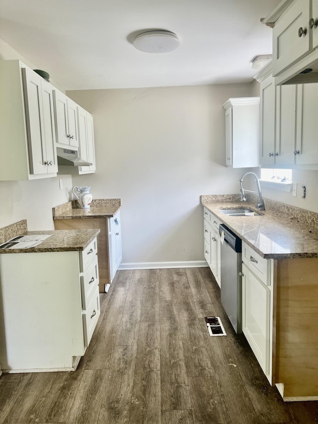 43 Fir St, Chickamauga, GA 30707 - kitchen with dishwasher, dark wood-type flooring, stone counters, and under cabinet range hood