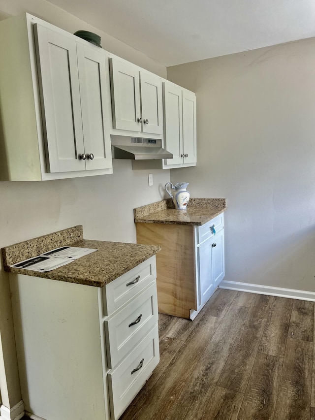 43 Fir St, Chickamauga, GA 30707 - kitchen featuring under cabinet range hood, dark wood-style flooring, white cabinets, and stone countertops