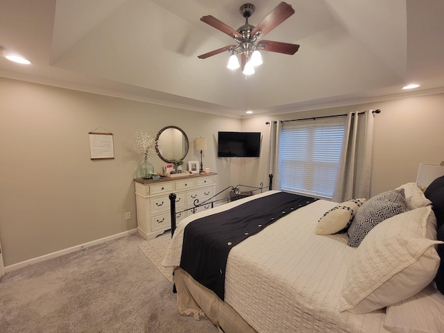 458 Fieldstone Dr, Ringgold, GA 30736 - bedroom featuring light colored carpet, a raised ceiling, recessed lighting, crown molding, and ceiling fan