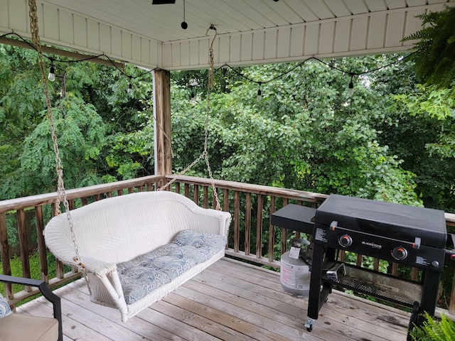 458 Fieldstone Dr, Ringgold, GA 30736 - wooden terrace with area for grilling and ceiling fan