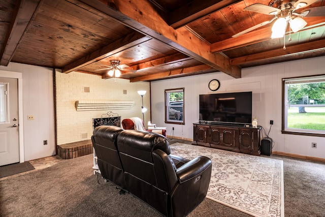 311 Birchwood St, Pikeville, TN 37367 - living room with a ceiling fan, a wood ceiling with exposed beams, carpet floors, and a fireplace
