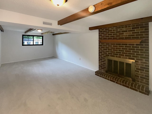 8127 Blue Spruce Dr, Hixson, TN 37343 - unfurnished living room featuring beamed ceiling, carpet, and a brick fireplace