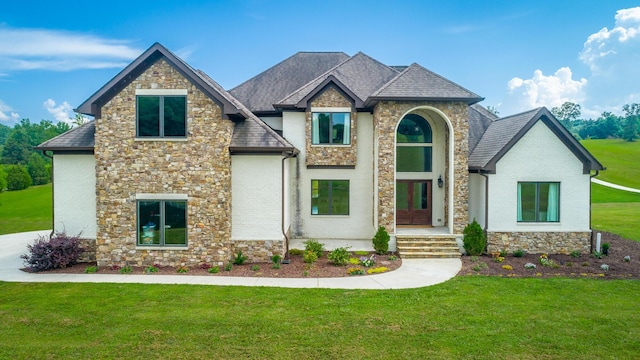 1524 Green Pond Rd, Soddy Daisy, TN 37379 - french provincial home featuring stone siding, a front lawn, and french doors
