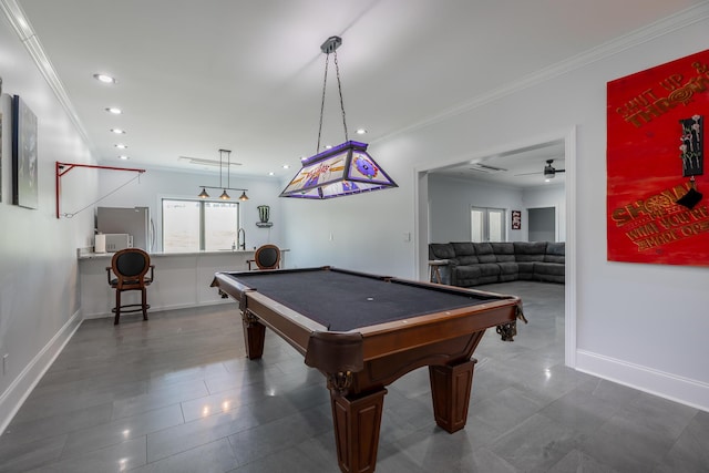 1524 Green Pond Rd, Soddy Daisy, TN 37379 - game room with crown molding, pool table, dark tile patterned flooring, recessed lighting, and ceiling fan