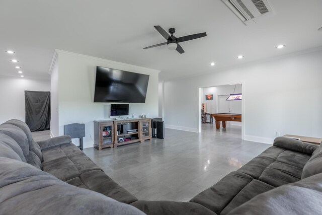 1524 Green Pond Rd, Soddy Daisy, TN 37379 - living area with pool table, crown molding, recessed lighting, and a ceiling fan