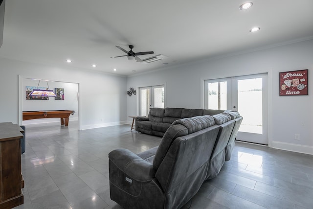 1524 Green Pond Rd, Soddy Daisy, TN 37379 - living room with recessed lighting, crown molding, a ceiling fan, pool table, and french doors