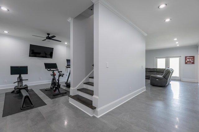 1524 Green Pond Rd, Soddy Daisy, TN 37379 - exercise room featuring ornamental molding, recessed lighting, and a ceiling fan