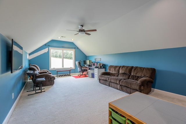 1524 Green Pond Rd, Soddy Daisy, TN 37379 - living room featuring vaulted ceiling, ceiling fan, carpet flooring, and an office area