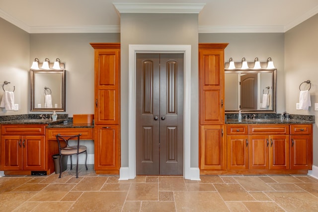 1524 Green Pond Rd, Soddy Daisy, TN 37379 - bathroom with stone tile flooring, vanity, ornamental molding, and a closet