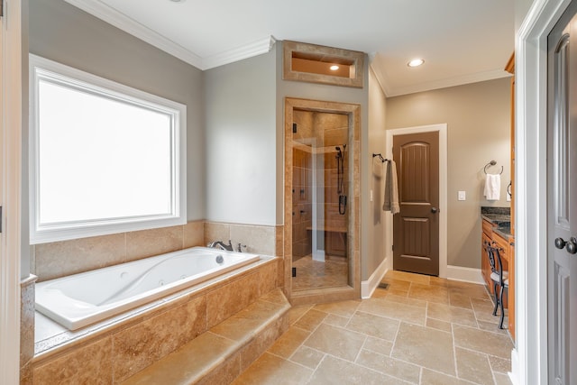 1524 Green Pond Rd, Soddy Daisy, TN 37379 - full bath featuring a jetted tub, a stall shower, vanity, ornamental molding, and stone tile flooring
