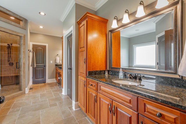 1524 Green Pond Rd, Soddy Daisy, TN 37379 - full bath with crown molding, a shower stall, vanity, recessed lighting, and stone tile flooring