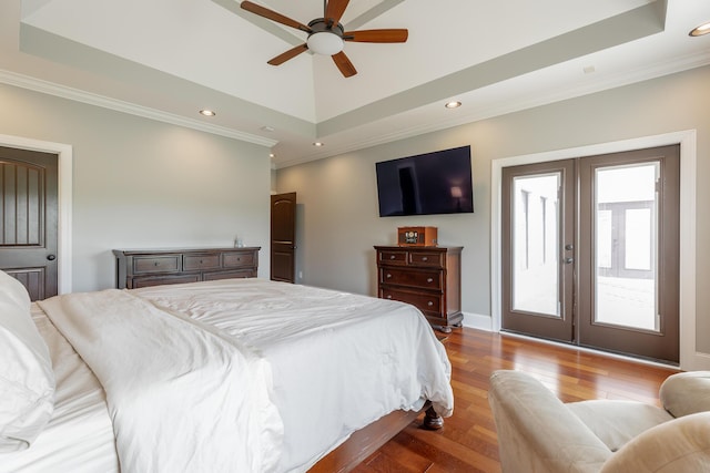 1524 Green Pond Rd, Soddy Daisy, TN 37379 - bedroom with wood finished floors, ornamental molding, recessed lighting, a raised ceiling, and french doors
