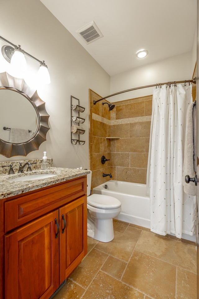 1524 Green Pond Rd, Soddy Daisy, TN 37379 - bathroom featuring vanity, stone tile flooring, and shower / tub combo with curtain