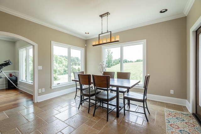 1524 Green Pond Rd, Soddy Daisy, TN 37379 - dining room with stone tile floors, ornamental molding, arched walkways, and recessed lighting