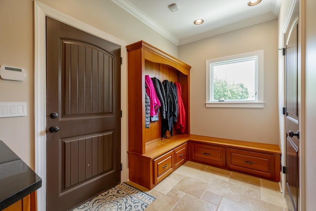 1524 Green Pond Rd, Soddy Daisy, TN 37379 - mudroom with ornamental molding, stone tile flooring, and recessed lighting