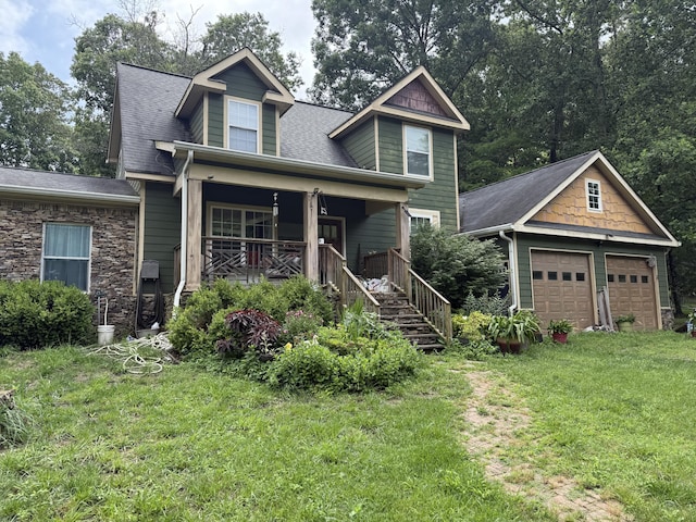 5492 Henson Gap Rd, Dunlap, TN 37327 - view of front of property featuring a garage, a front lawn, a porch, an outdoor structure, and stairway