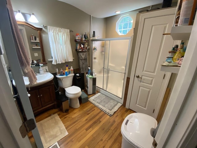 5492 Henson Gap Rd, Dunlap, TN 37327 - bathroom with vanity, a stall shower, and wood finished floors
