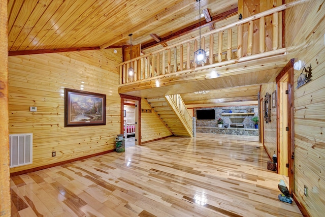 1590 Jackson Point Rd, Sewanee, TN 37375 - unfurnished living room featuring wooden walls, wood-type flooring, wooden ceiling, and high vaulted ceiling