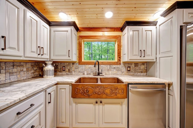 1590 Jackson Point Rd, Sewanee, TN 37375 - kitchen featuring stainless steel appliances, wooden ceiling, tasteful backsplash, light stone counters, and white cabinetry